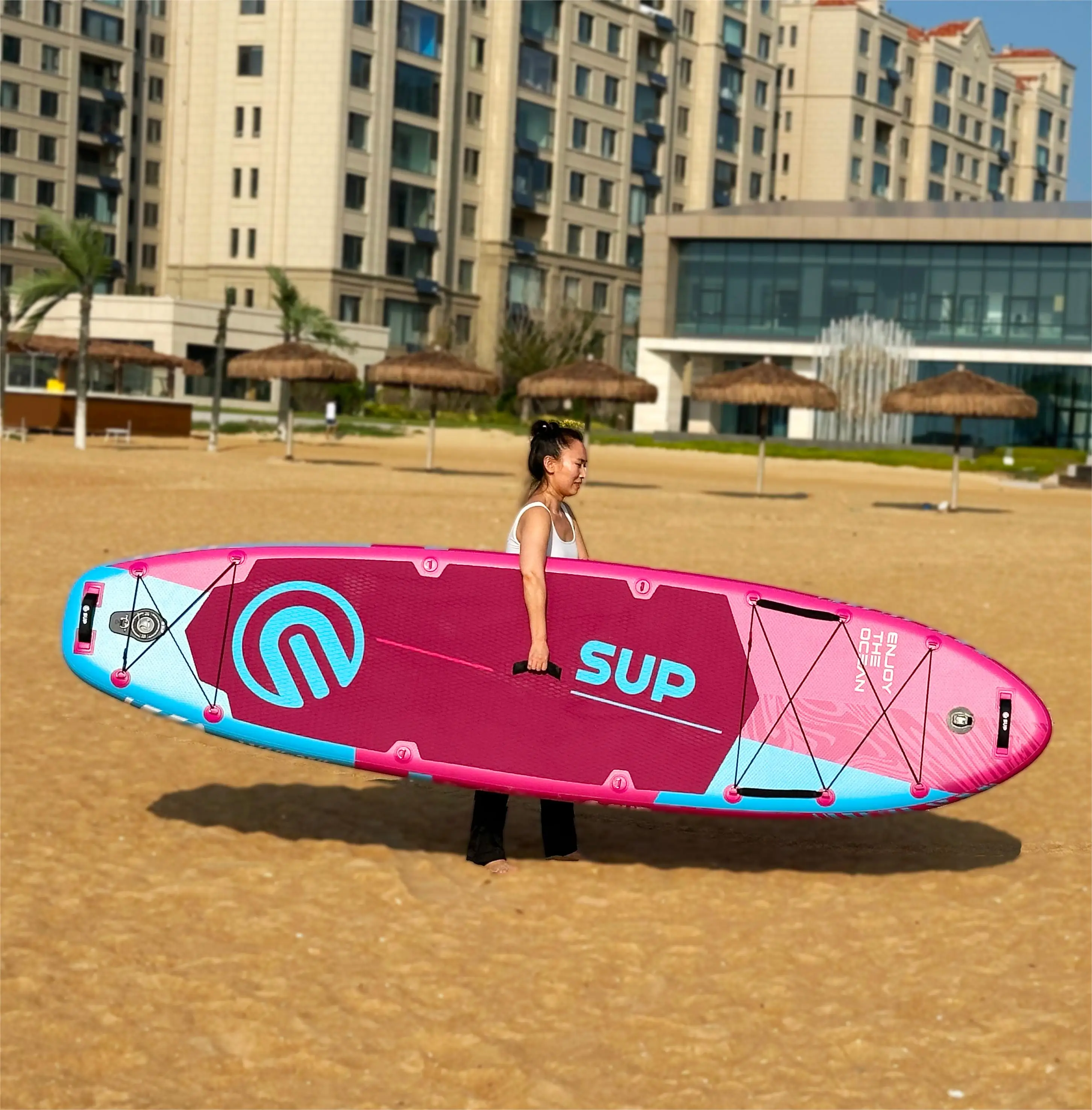 Customizable E-SUP fishing paddle board with accessories including inflatable surfboard and stand for surfing water games