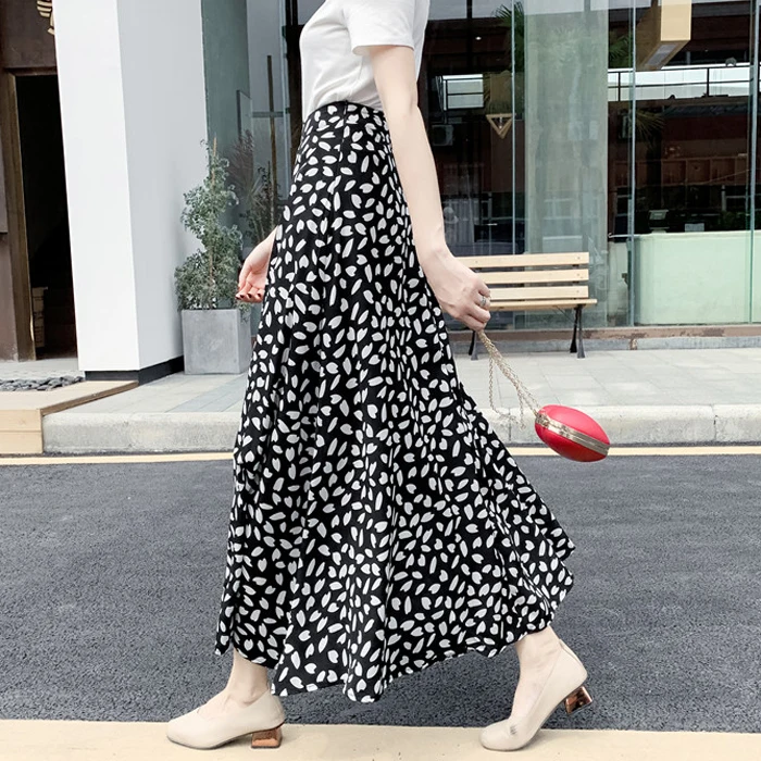 

Spring 2023 Polka Dot High Waist A-Line Long Skirt Floral Print Beach Umbrella Skirt Women's Faion Chiffon f-length Skirt