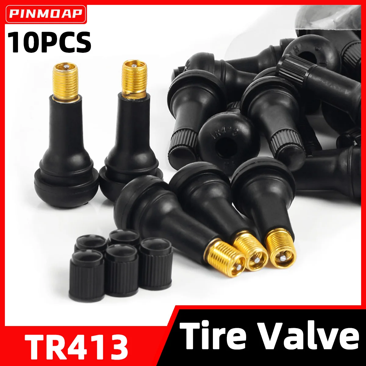 PINMOAP 10PCS Snap In Rubber Valve TR413 Black Rubber Vacuum Tire Valve Stem Car Motorcycle Replacement Part