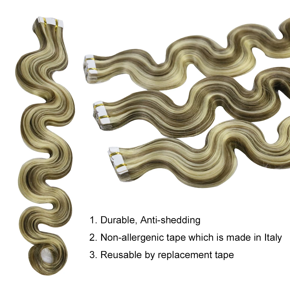 

Наращивание волос Body Wave на ленте, 20 шт., натуральные волосы Remy, с клеевой основой, для инъекционного наращивания