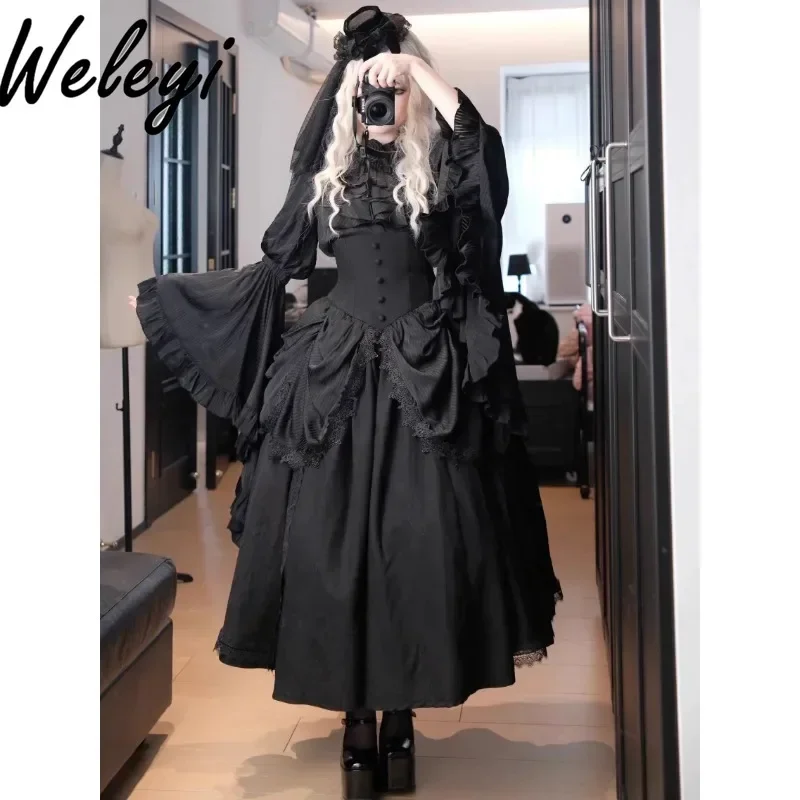 Jirai Kei Clothes Goth Lolita Suit Ropa Mujer All Seasons Streetwear New Pure White Pure Black Ji Sleeve Shirt SK Fishbone Skirt