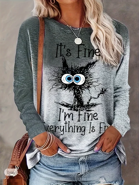 T-shirt z okrągłym dekoltem i nadrukiem kota Casualowa koszulka z długim rękawem na wiosnę i jesień odzież damska