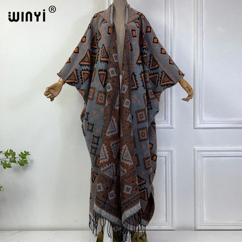 WINYI zimowe swetry damskie boho z sukienka na wakacje nadrukiem gruba ciepła damska sukienka kaftan maxi z kapturem mop płaszcz moda Abaya