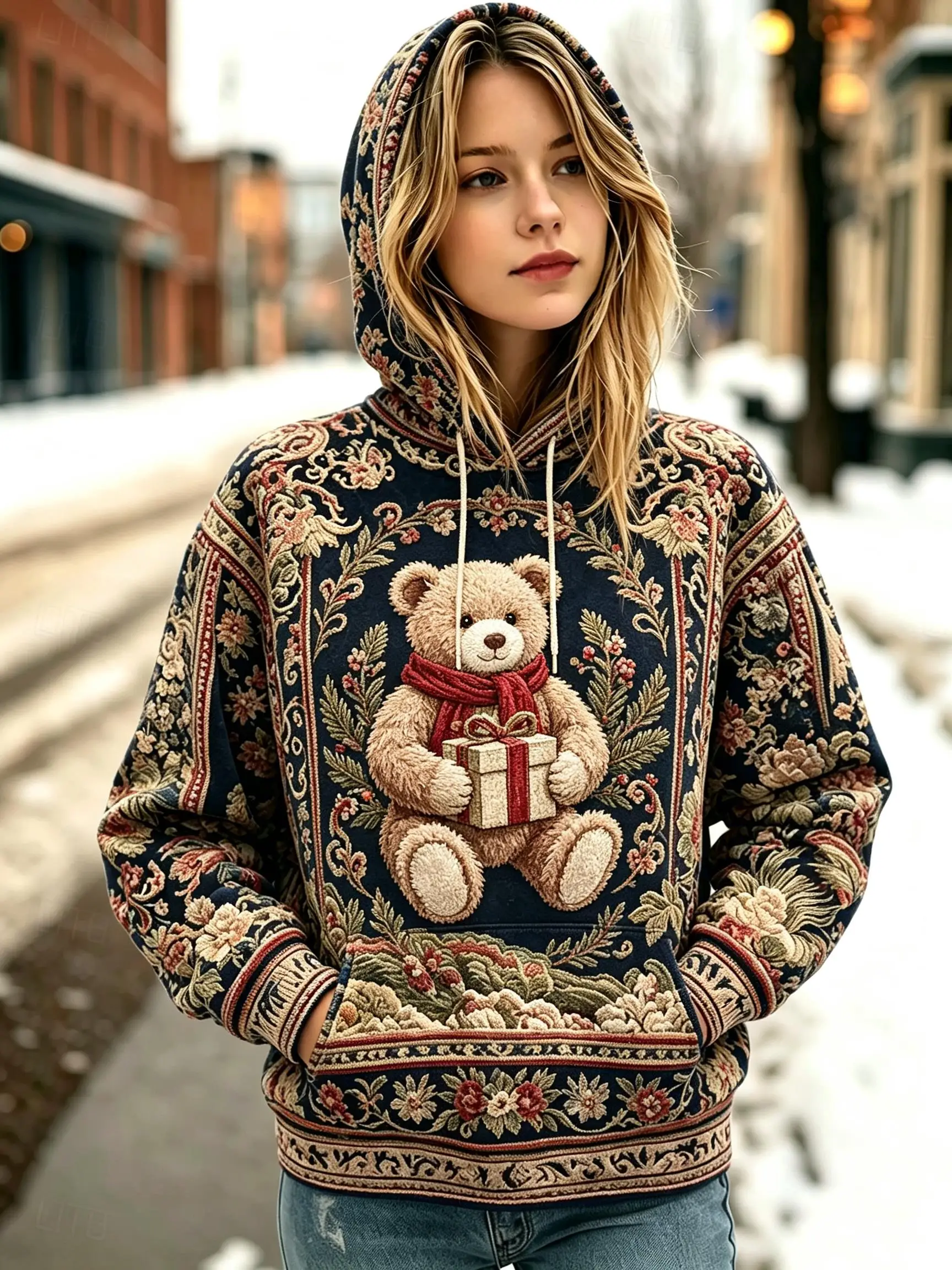 Women Vintage Tapestry Christmas Series Pattern Fleece Hoodie Warm Casual Long Sleeve Hooded Pullover Sweatshirt