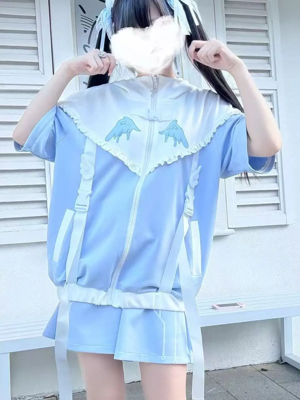 Original Japanese Subculture Water Color System Removable Sleeve Jacket Shorts Leg Cover 3 Piece Set Girl's Sweet Hooded Jacket