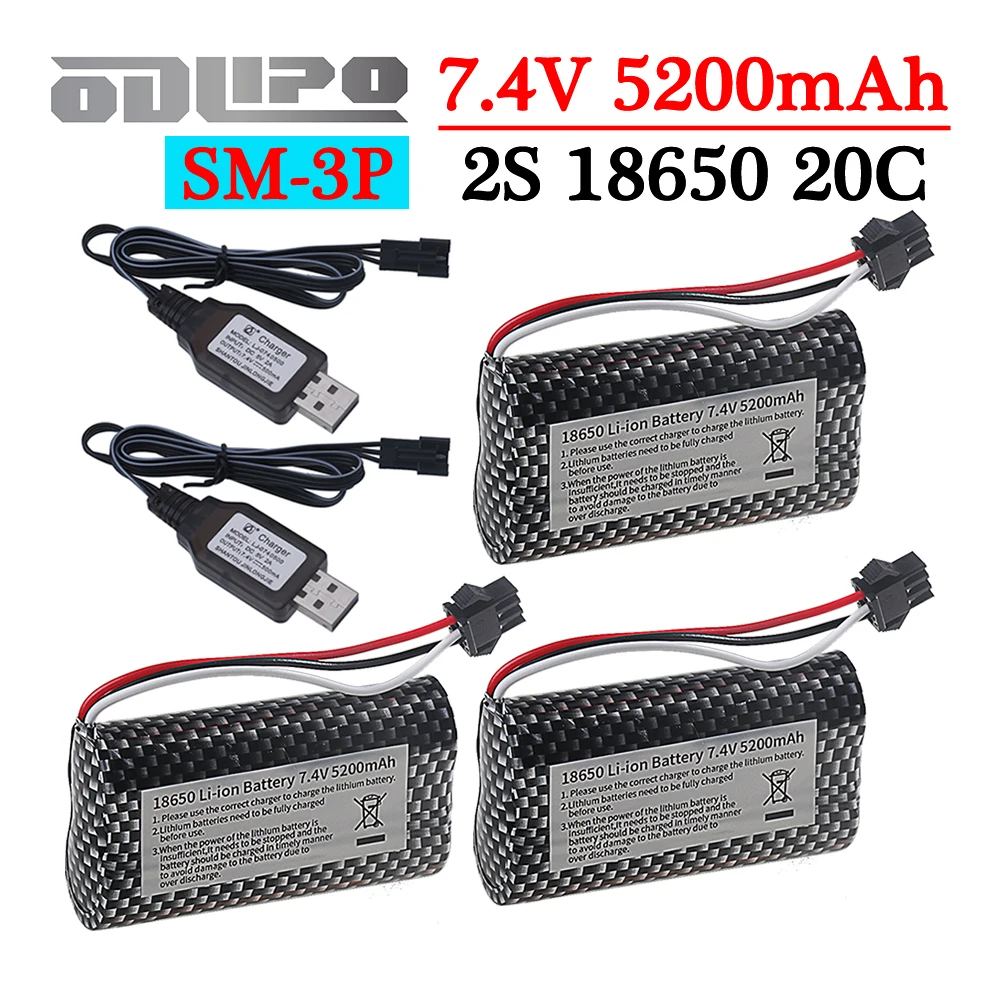 Upgrade 7,4 V 5200 mAh Li-Ion Akku SM-3P Stecker Mit USB Ladegerät Für MN82 MN128 MN78 LC79 Fernbedienung Auto batterie 2S 18650 20C