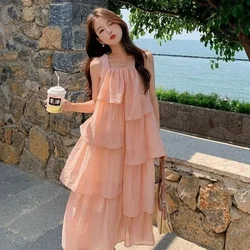 Korean Style Sweet Sleeveless Ruffled Cake Skirt Pink Gentle Suspender Dress Summer Ladies Fashion Vacation Leisure Slip Dress