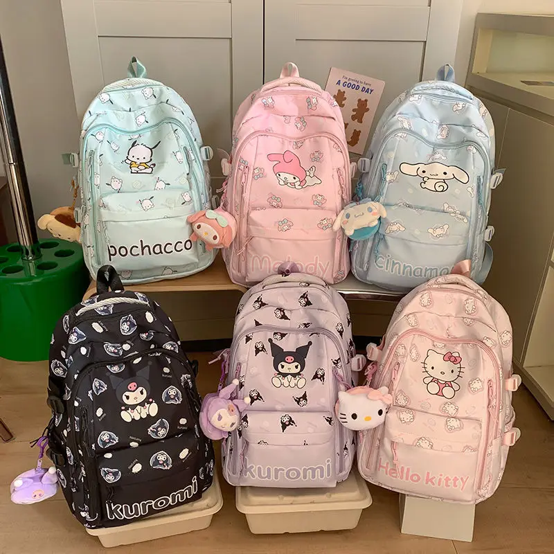 

Рюкзак Sanrio с героями мультфильмов, милый школьный рюкзак HelloKitty Kuromi большой вместимости, легкая сумка на плечо для девочек, праздничные подарки