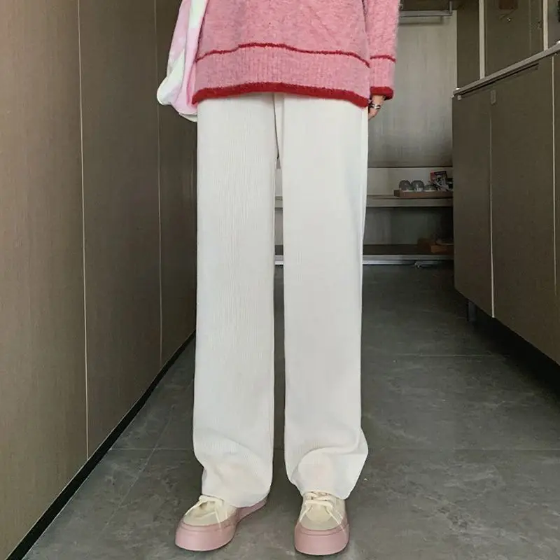 

Large Size Simplicity Solid Color High Waist Appear Thin Wide Leg Women Autumn Winter Fleece Warm Office Lady Loose Straight