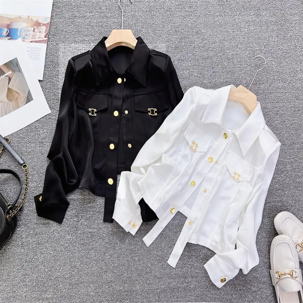 Francês elegante blusa de cetim jaqueta feminina ácido acético manga longa camisa curta topos senhora do escritório moda doce vintage streetwear