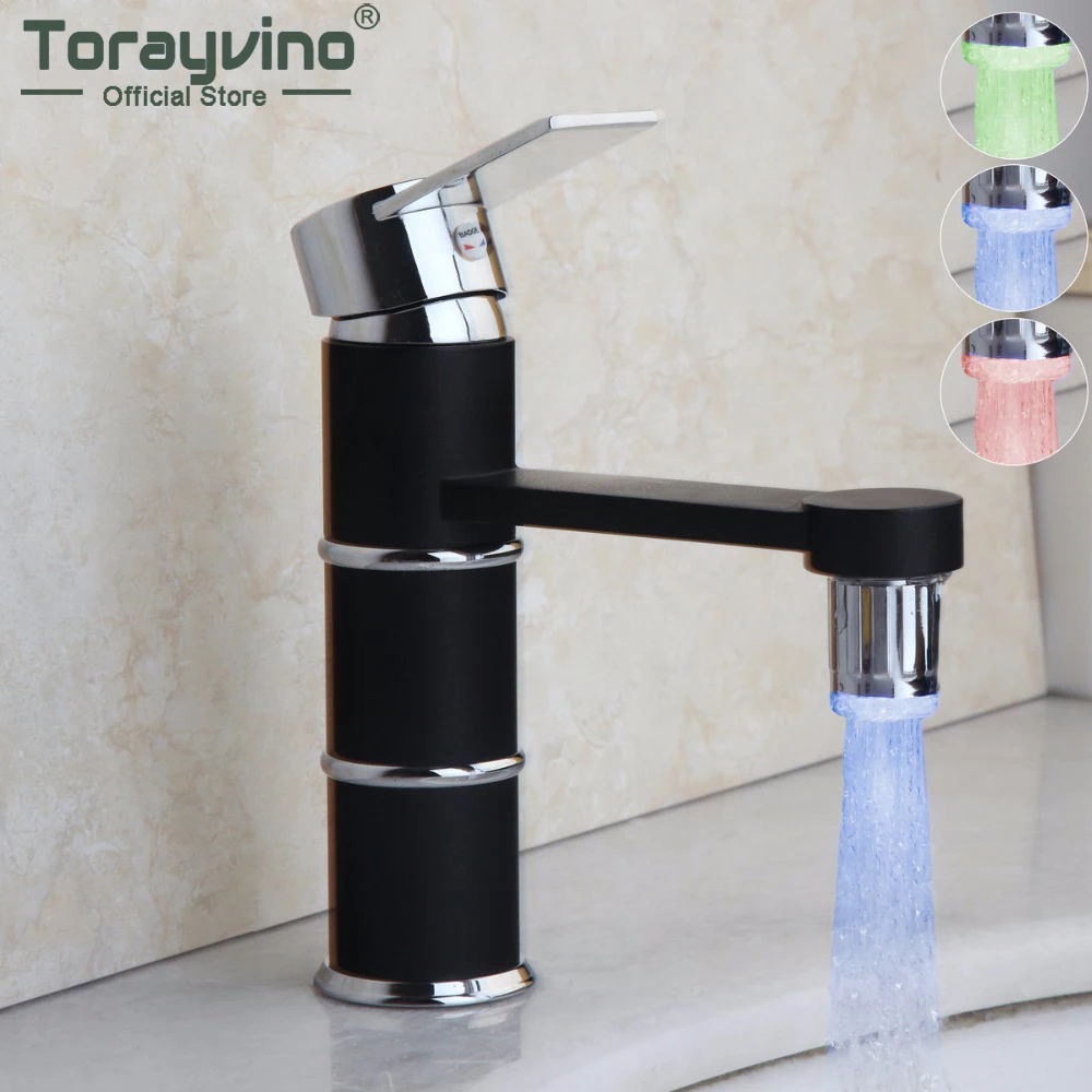 

Torayvino LED Black Painting Bathroom Faucet Basin Deck Mounted Single Handle & Hole Hot and Cold Torneira Sink Mixer Water Tap