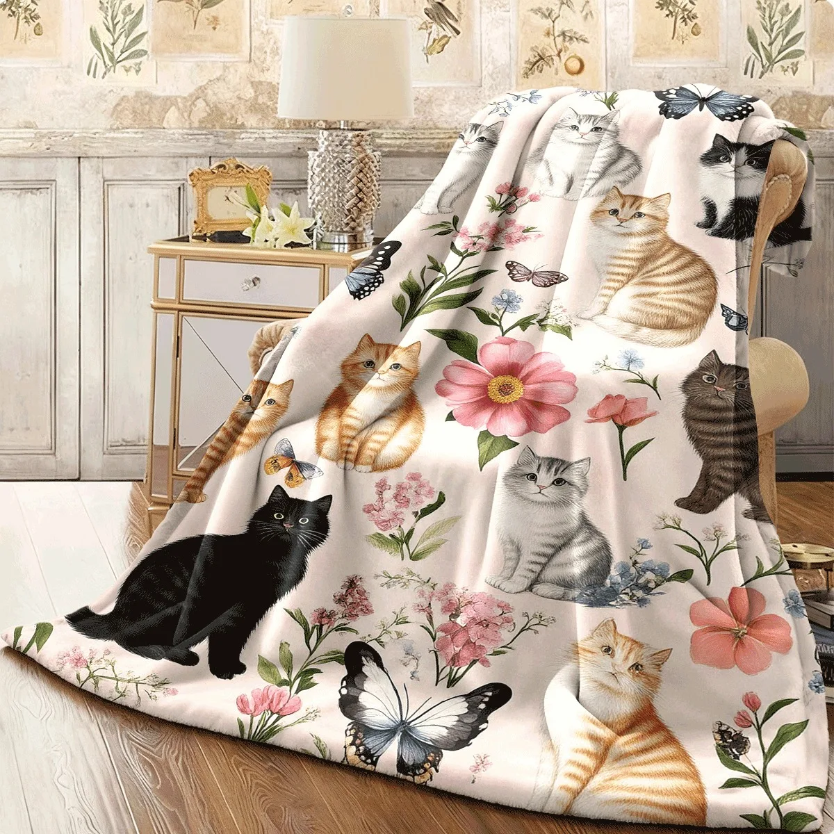 Super Soft Cat Floral Print Throw Blanket Polyester Fleece Cozy Pet Lover Gift Nursery Decor Boho Cottagecore Style Winter Warmi