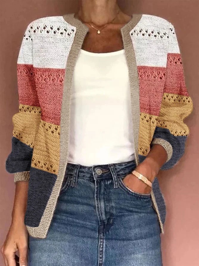 Color blocking cardigan sweater temperament color matching loose knit sweater women\'s long sleeved loose sweater cardigan jacket