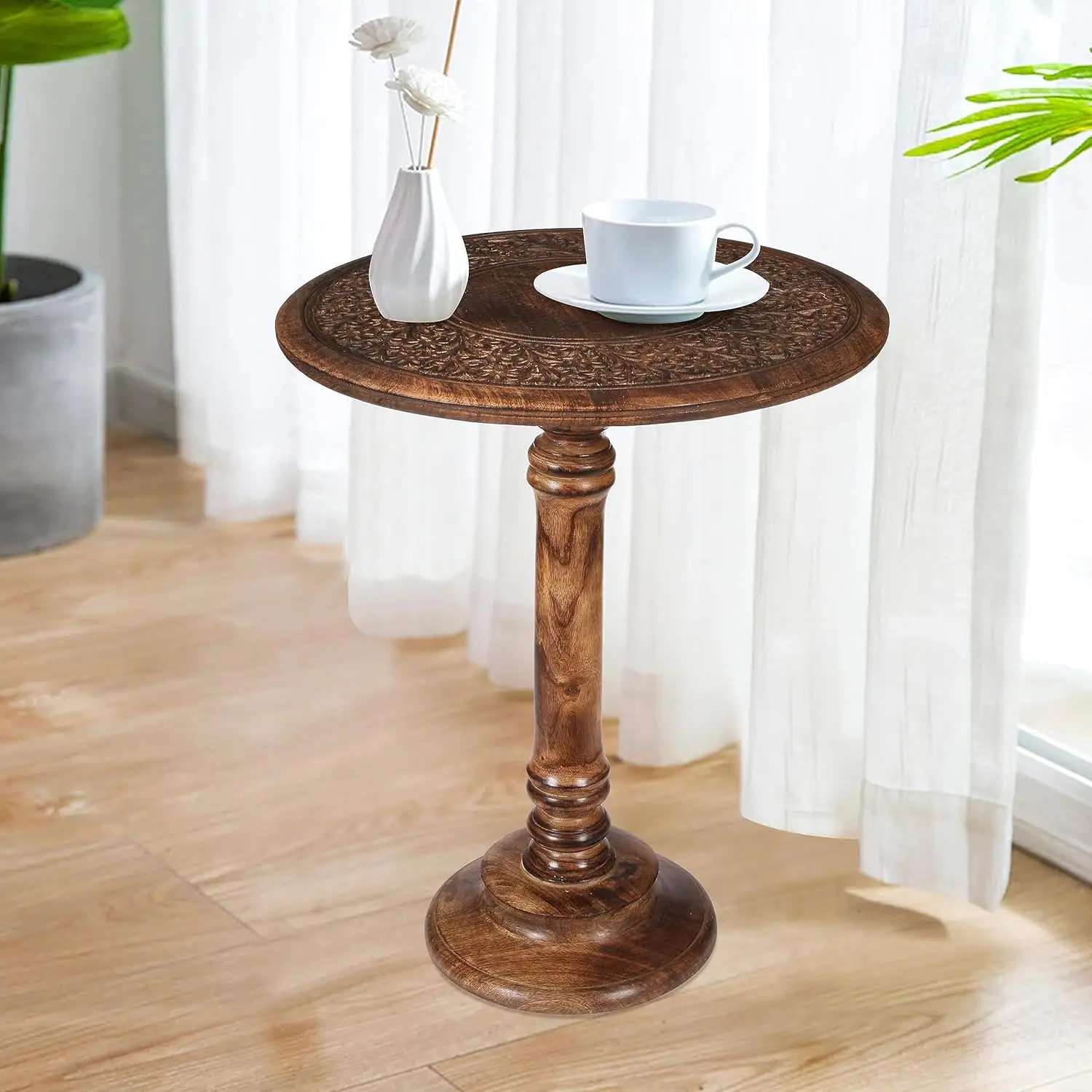 

Hand-Carved Mango Wood Round Pillar Accent Table – 18" × 22", Rustic Farmhouse Side/End Table
