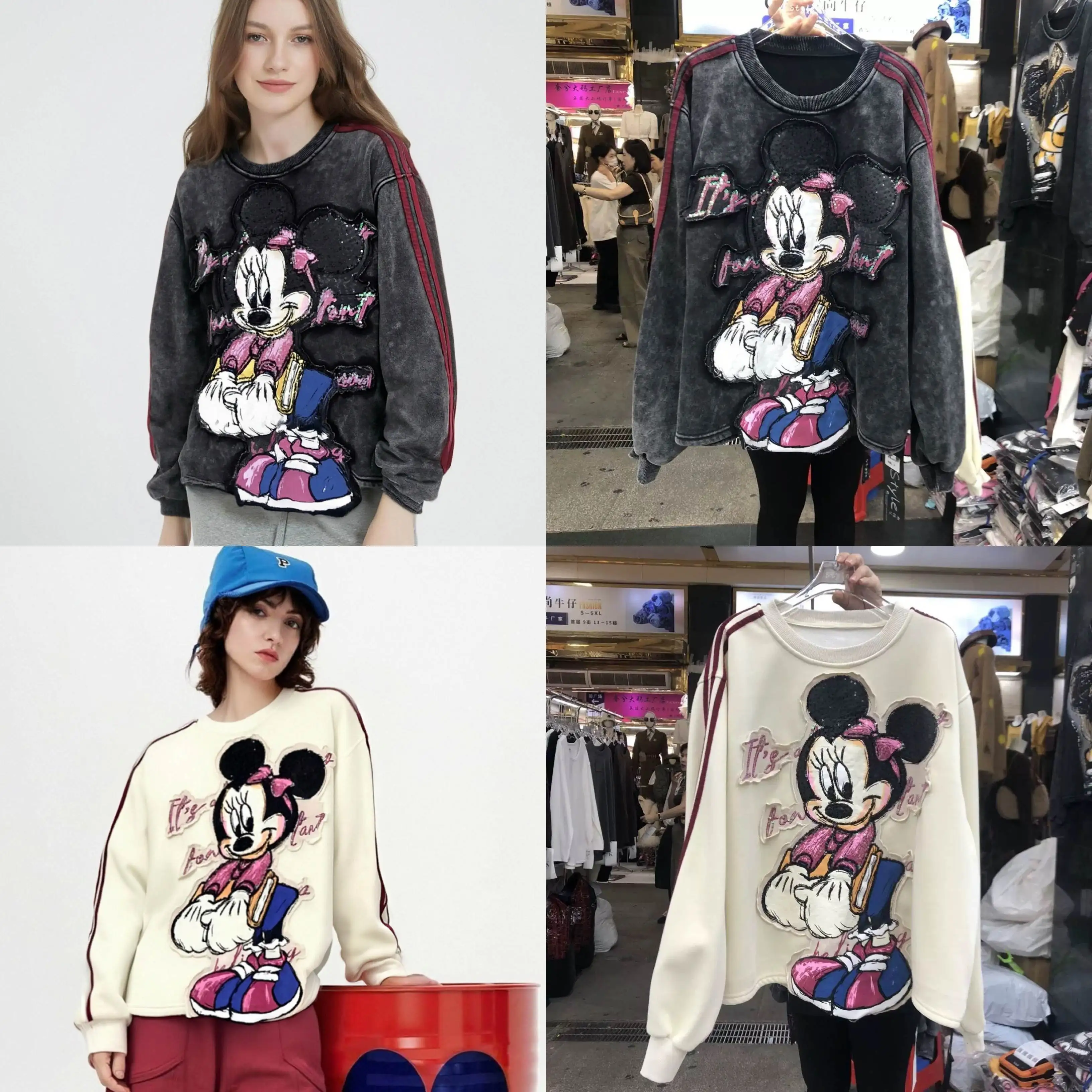 

2025 autumn and winter new European and American loose Mickey three-dimensional patch embroidery thick hoodie T-shirt
