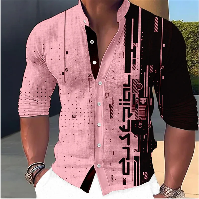 Camisa con estampado geométrico para hombre, ropa de calle de manga larga con cuello levantado, color blanco, 2023