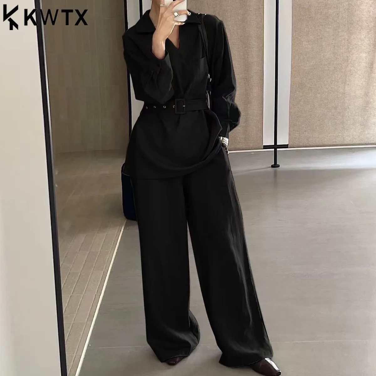 

KWTX Women's Two Piece Set V-neck Pullover Top Wide Leg Pants Belt Pocket Casual Chic Elegant Solid Spring Summer 2025