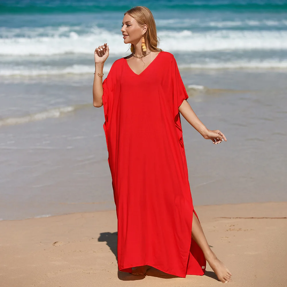 Solid Blue Plus Size Long Kaftan Casual V-neck Robe Summer Maxi Dress Woman Clothing Beach Wear Swim Suit Cover Up Bikini jacket