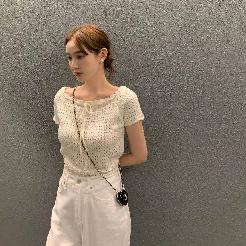 Chic gola de renda oco para fora ort sve malha topo feminino fino verão emagrecimento versátil ort listra na moda coreano sle