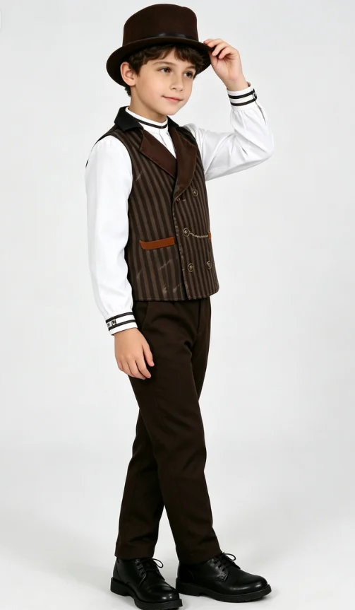 Disfraz de Caballero Medieval para Niños, Traje con Chaleco a Rayas y Sombrero, Ropa para Representaciones Escolares de Halloween