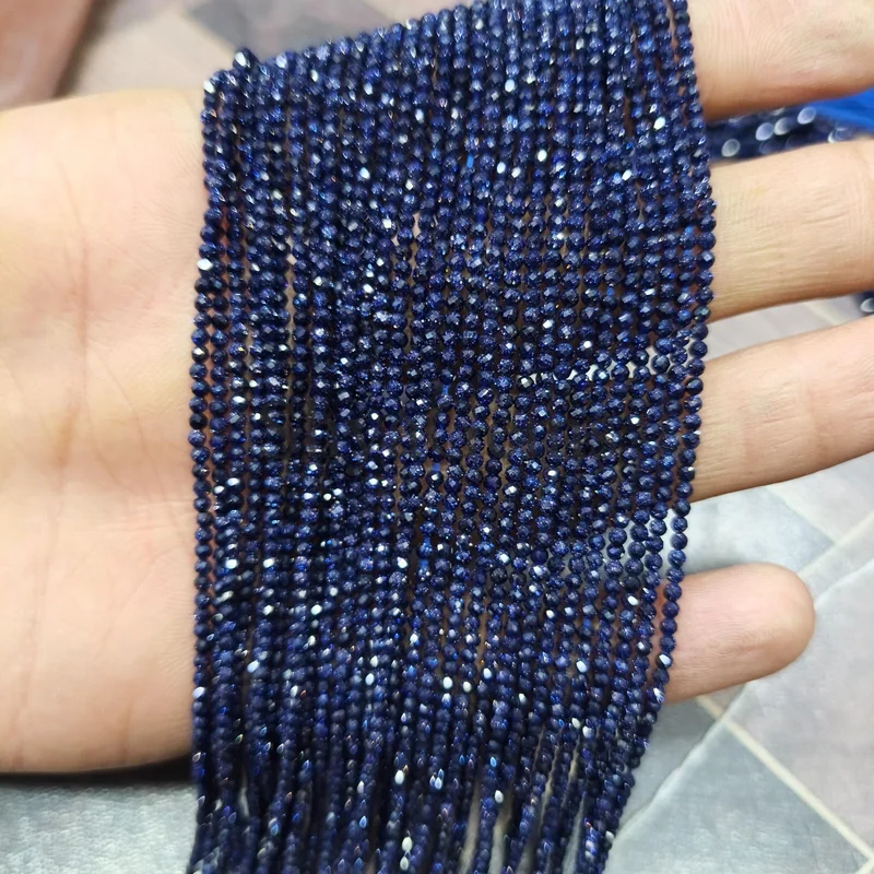 Blue Sandstone Necklace 2mm Faceted Round Beads, Dainty Sparkling Gemstone