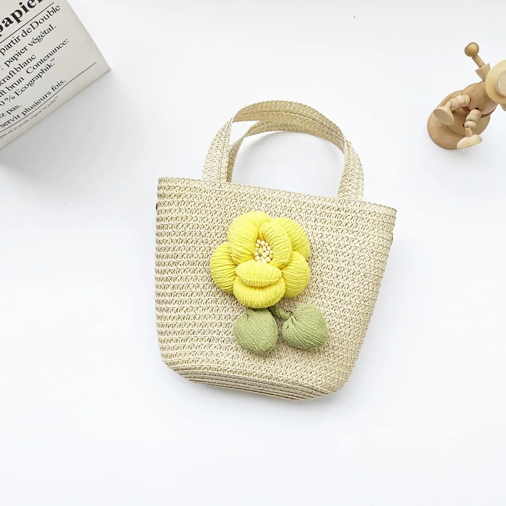 Cute Handmade Woven Straw Bag Flower Breathable Coin Purse Bowknot Summer Handbag Kids Girls