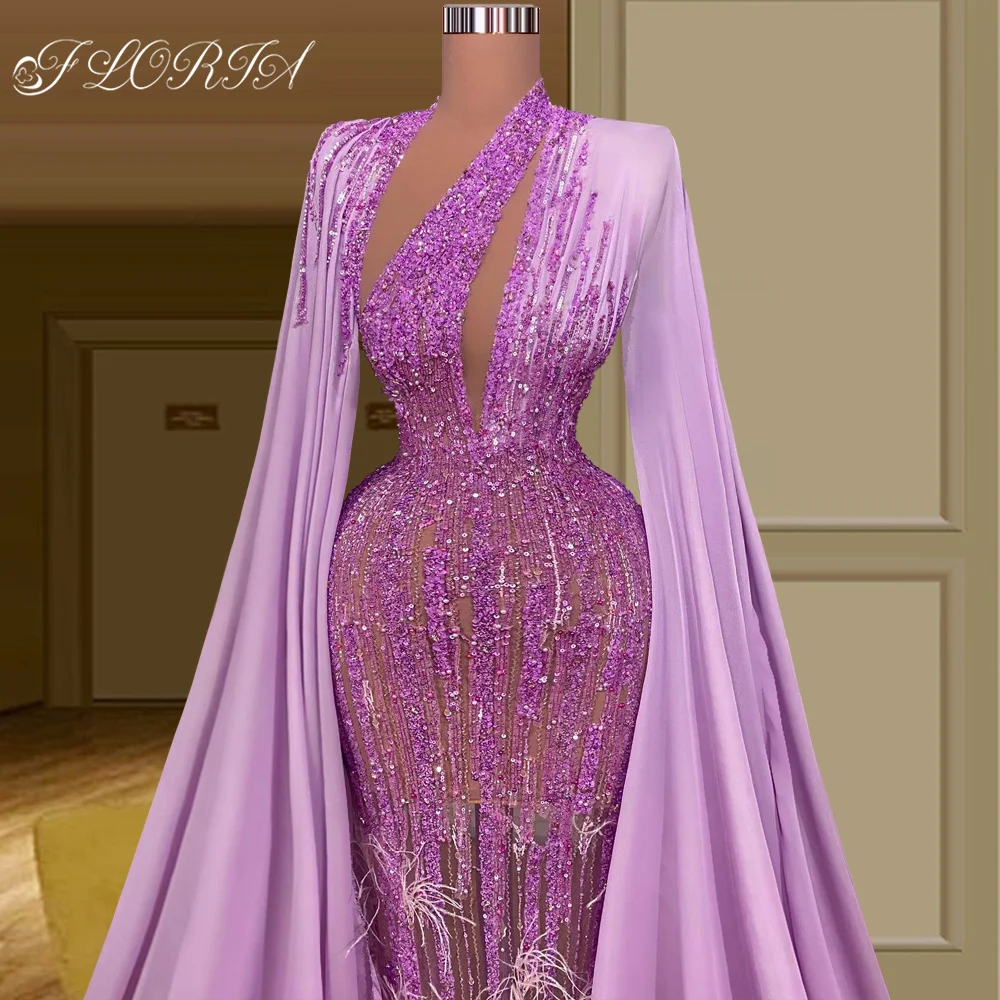 Middle East Lavender Mermaid Formal Party Gown with Shawl Luxury Beaded Feathers Dubai Evening Dress Custom Made Robe De Mariee