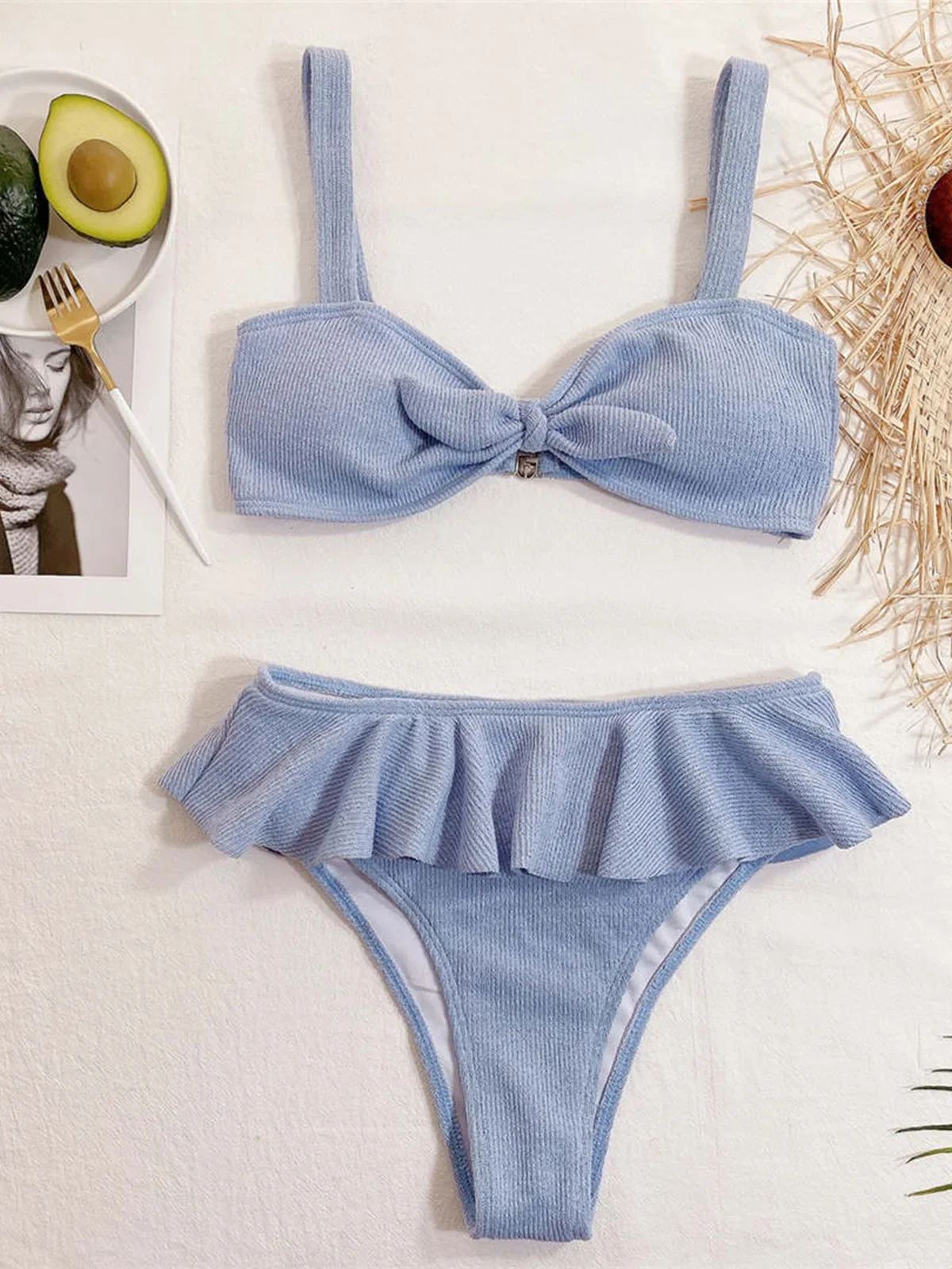 

New Ruffled Knotted Bikini Female Swimsuit Women Swimwear Two-pieces Bikini set Mid Waist Bather Bathing Suit Swim Lady V2764