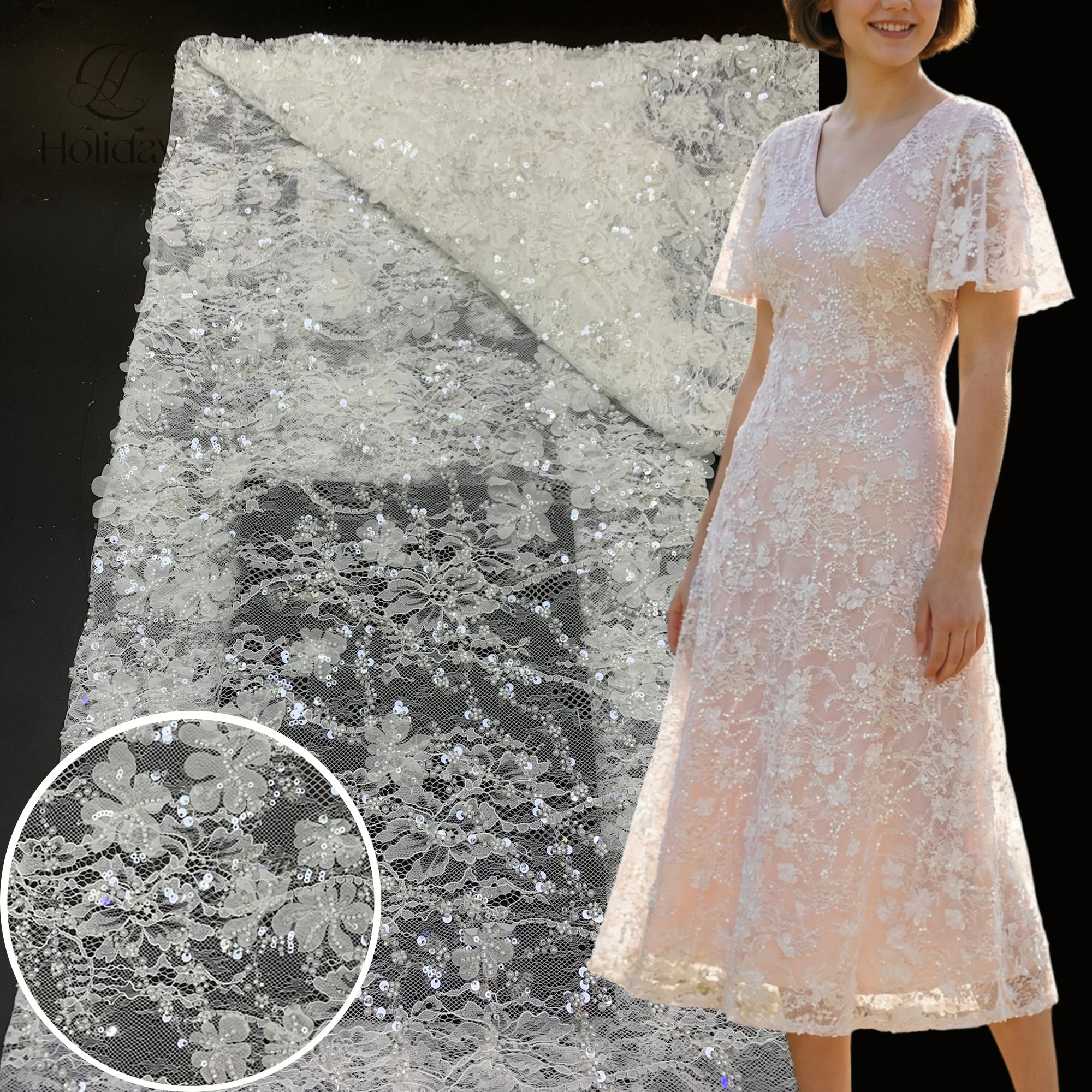 

Роскошная ткань с вышивкой бисером и пайетками, кружевная ткань с цветочным узором из тюля для свадебных и вечерних платьев, ткань для невест на метры