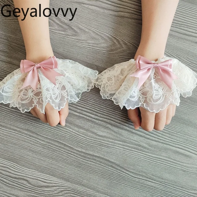 Mangas de brazo de encaje con lazo versátil para mujer, diseño Original japonés de Lolita, dulce y bonito, mangas postizas para boda