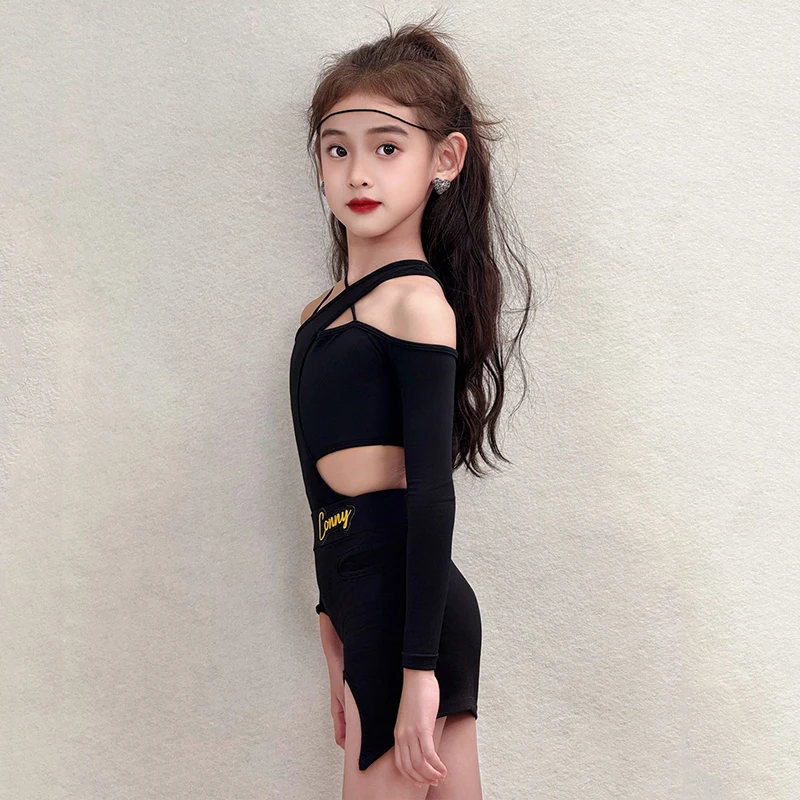 Nowe stroje do tańca latynoamerykańskiego dla dziewcząt, długi rękaw, strój treningowy, czarny kombinezon z wycięciami, spódnica do ćwiczeń, odzież do tańca latynoamerykańskiego 2362