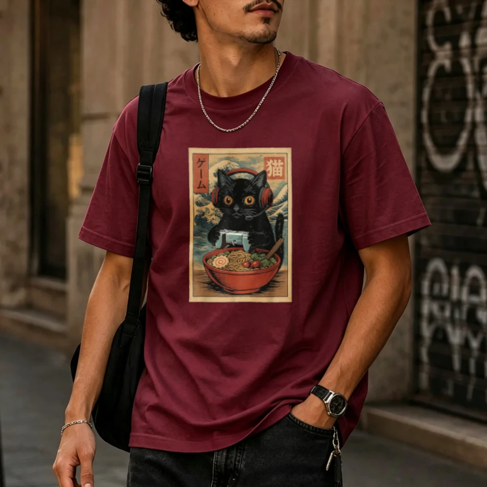 Vintage Ukiyo-e Black Cat Wearing Headset Playing Game and Eating Ramen Kanji Vertical Seal Print Men Cotton T Shirt Casual Tees