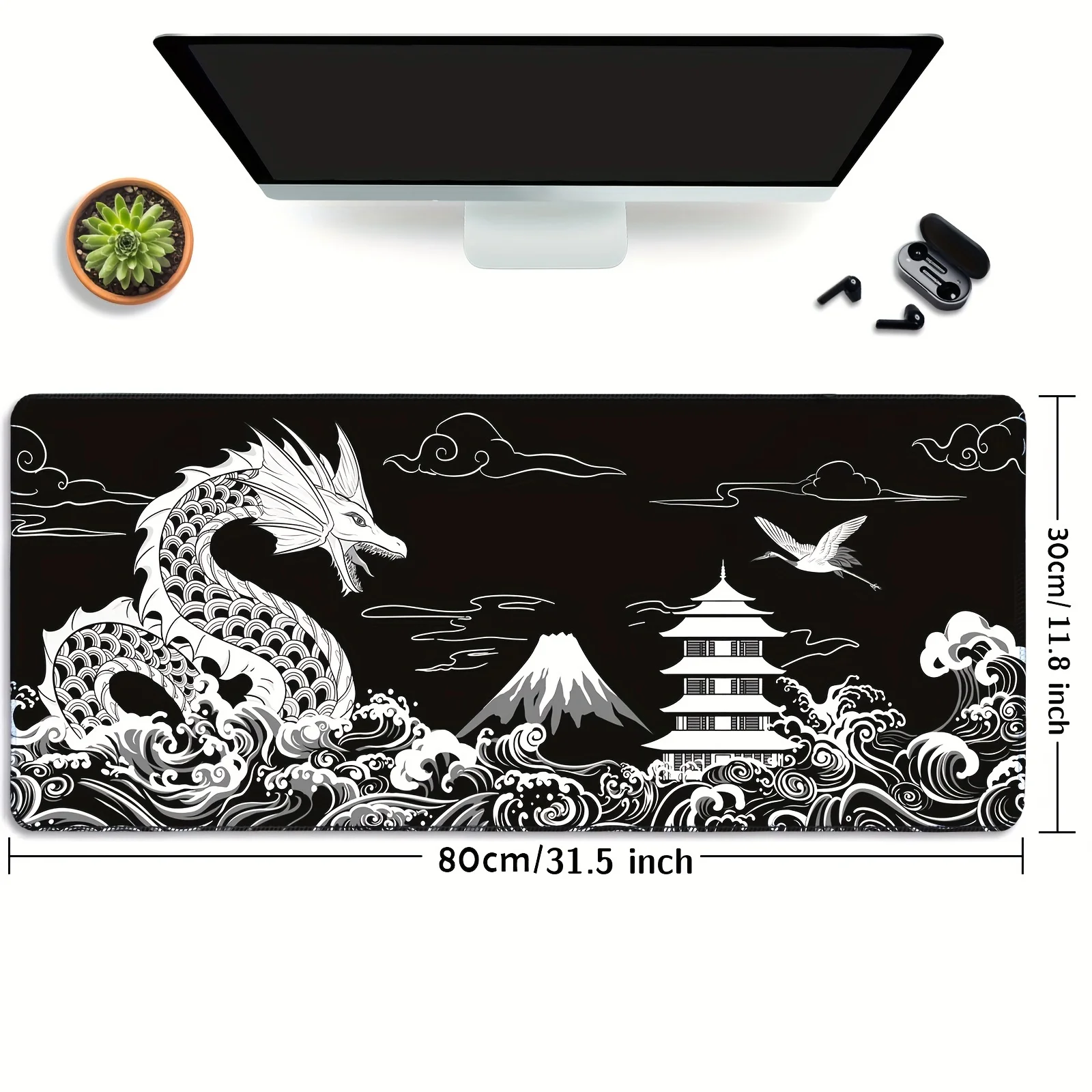 Black Japanese Dragon Large Gaming Mouse Pad  with Anti-Slip Base Stitched Edge for Desk Home Office