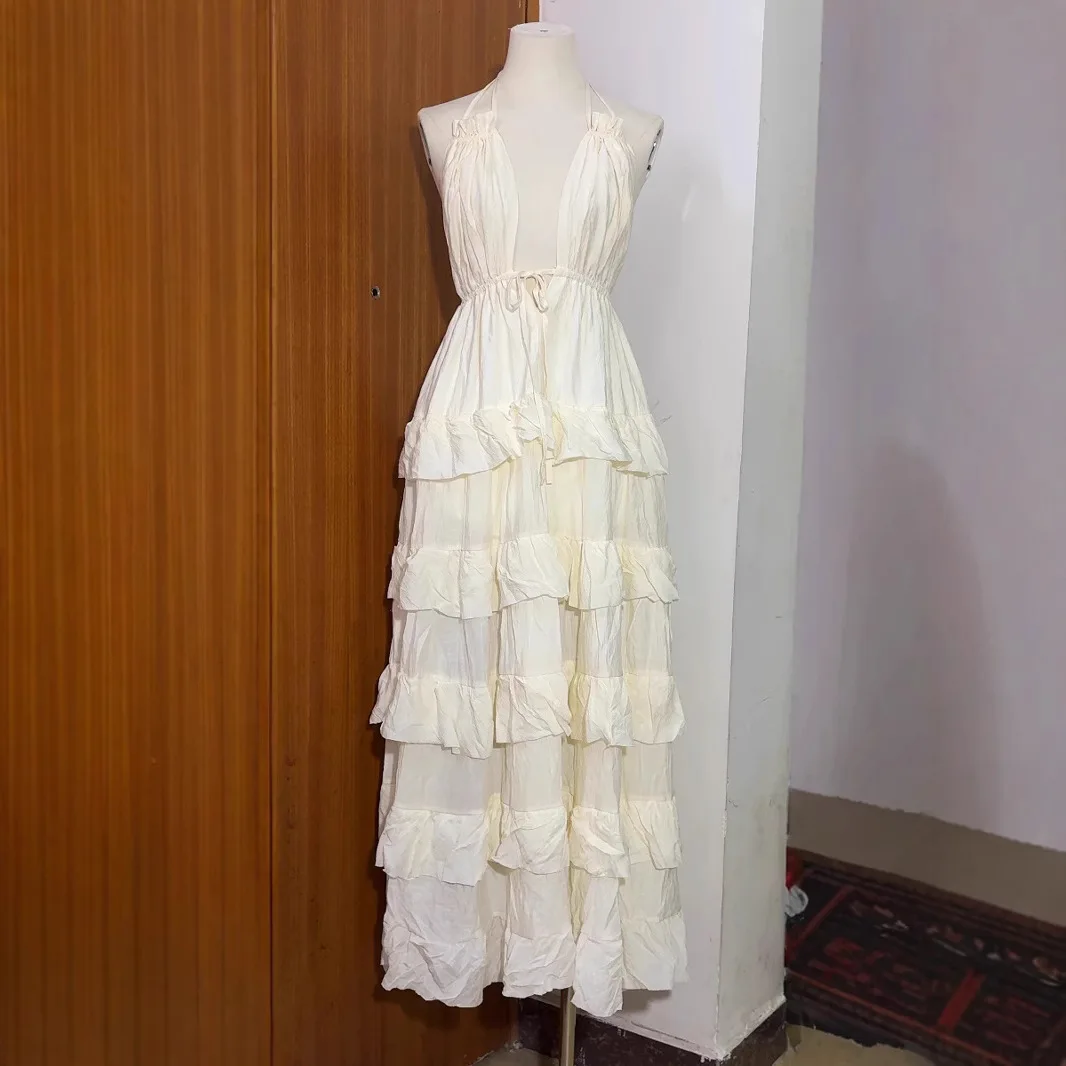 المرأة مثير البوهيمي عطلة العميق الخامس الرقبة الكشكشة فستان طويل سيدة بلون بلا أكمام عالية الخصر ألف خط فستان ماكسي كعكة