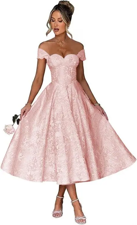 

Luxury Off Shoulder Tea Length Prom Dress for Women Satin Floral Jacquard A Line Corset Cocktail Dress Evening Gown Party Dress