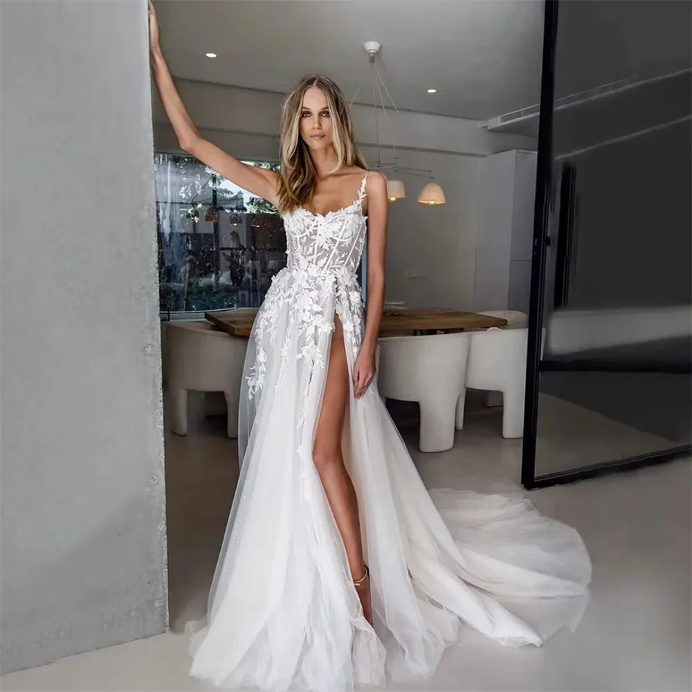 

Customized Spaghetti Strap Lace Appliques Wedding Dress Side High Split vestidos de novia A-line Long Train Boho Bride Gown