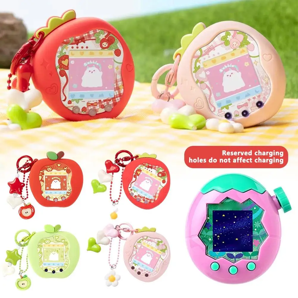 

Подходит для Tamagotchi Uni Electronic Pet, розовый силиконовый чехол с клубникой и яблоком и бумажной подвеской в виде панели