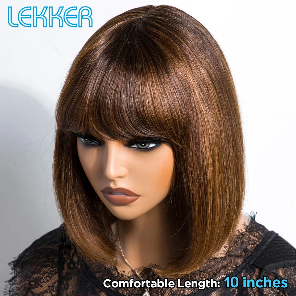 Lekker Ready to Wear Short Brown Straight Bob Lace Closure Human Hair Wigs With Bangs For Women Brazilian Remy Hair Glueless Wig