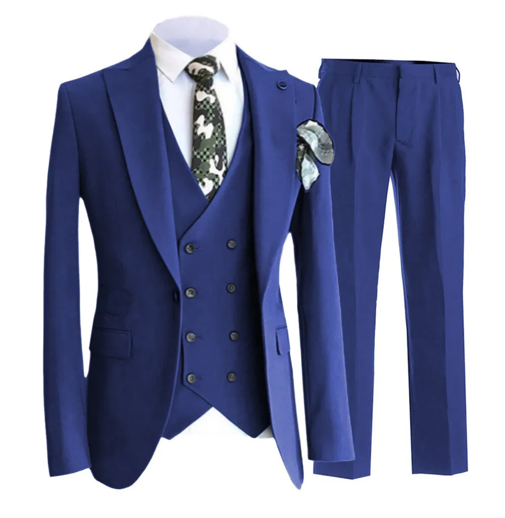 

Blue Double Breasted Slim Fit Men Suit Business Suits Causal Suits Groom Tuxedo For Wedding Costume Homme 3PCS(Blazer+Pant+Vest)