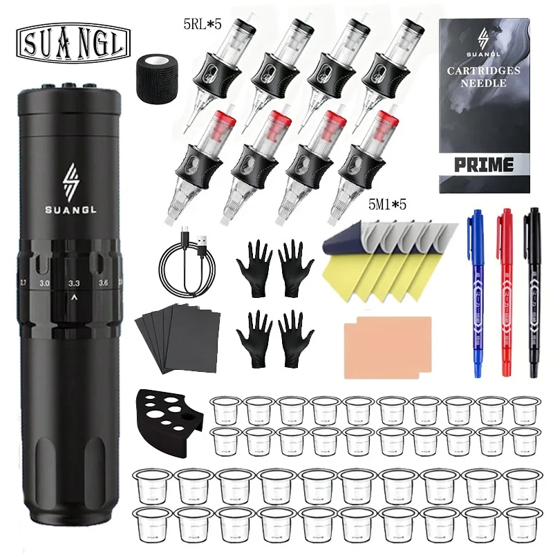 SUANGL Adjustable Tattoo Pen Set for Permanent Makeup Machine Kit 10 Needles Gun Supplies Beginners Artists Body Art Tools