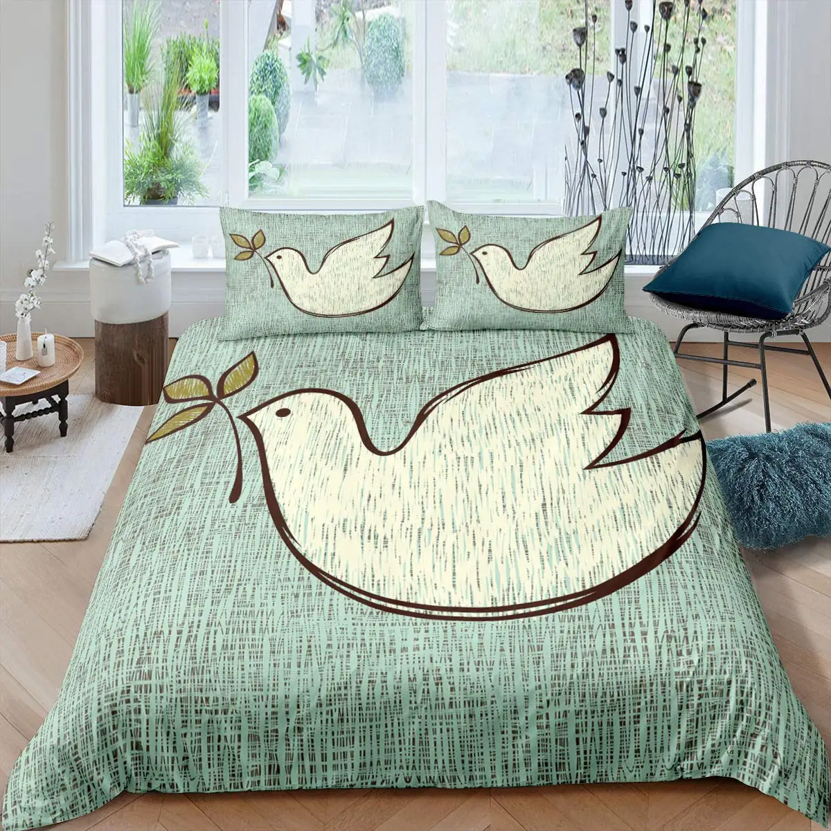 Pigeon Peace Duvet Cover Set Cute Bird Pattern King Queen Size Polyester Comforter Cover with Pillowcase for Teens Bedding Set