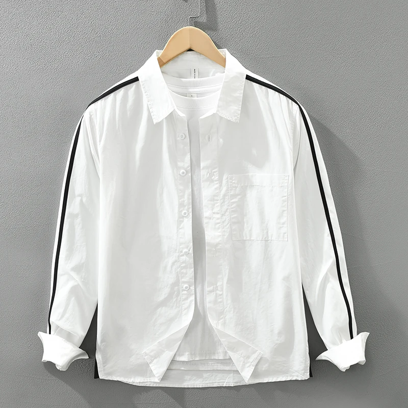 2026 Spring Autumn New Casual Patchwork Comfort Black and White Shirts for Men Seagull Collar Sense of Layering Men Tops