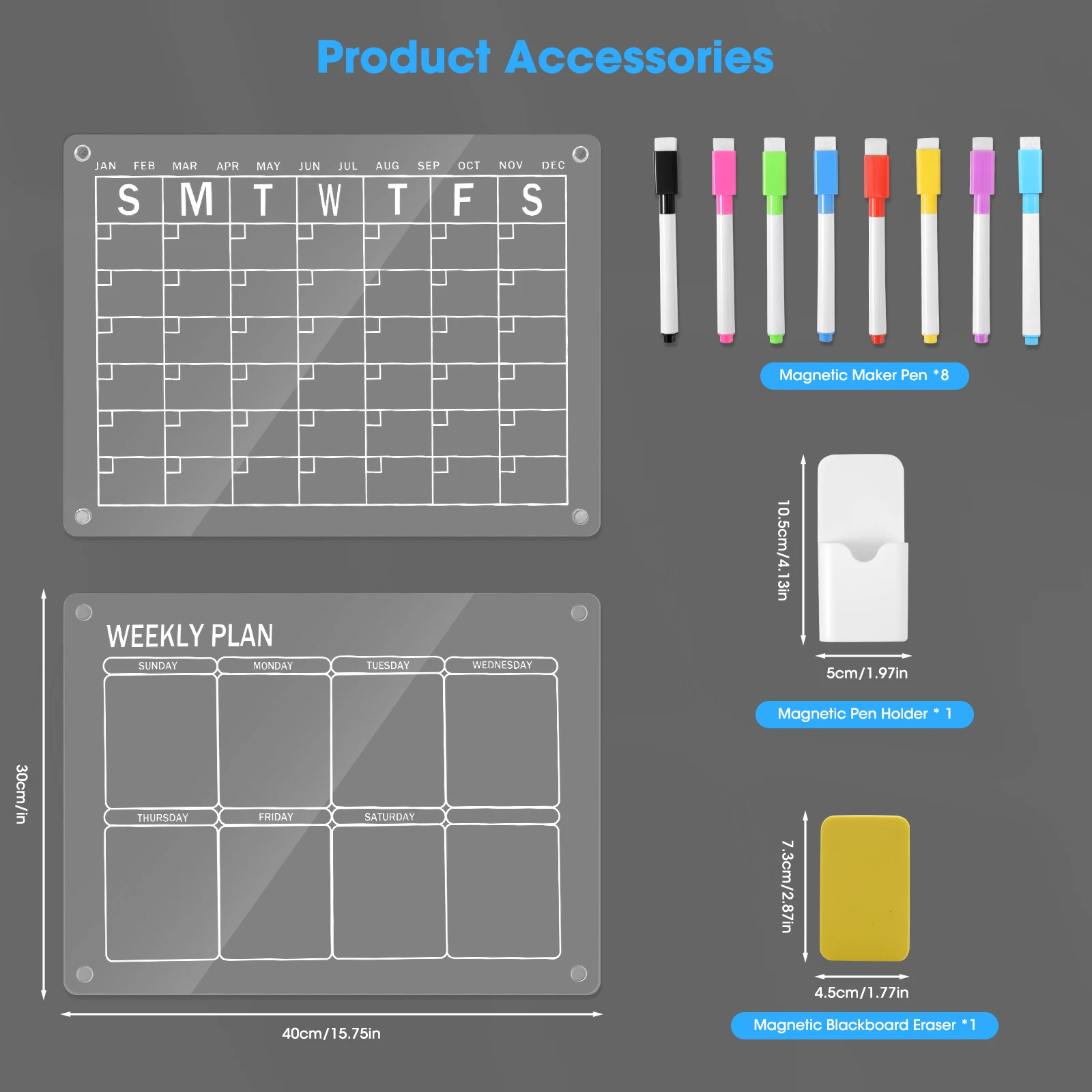 Set of 2 Magnetic Fridge Calendar40Cm*30Cm, Erasable Acrylic Fridge Calendar, Monthly & Weekly Magnetic Fridge Calendar