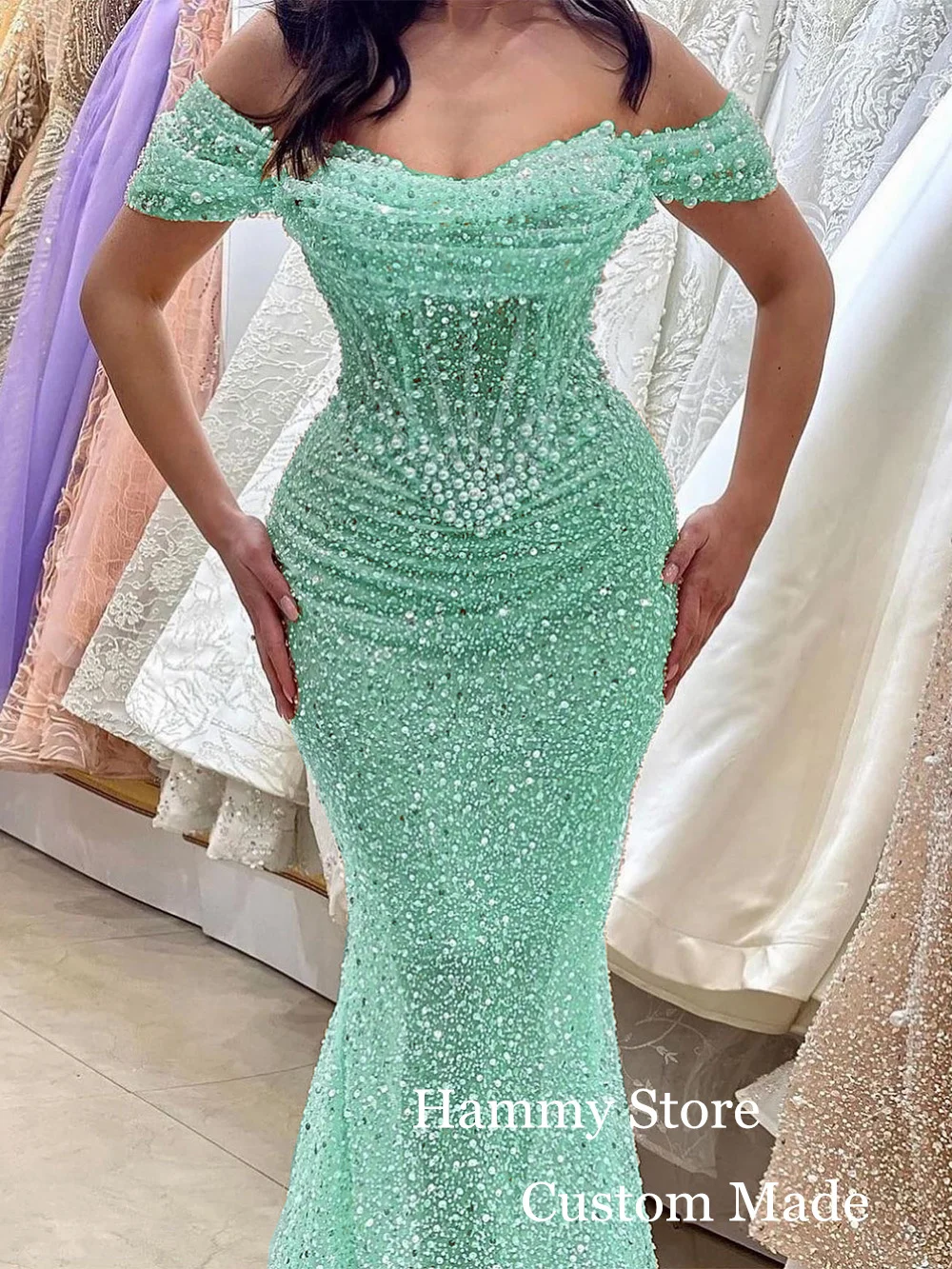 Pearls Evening Dress for Weddings Customized Off The Shoulder Sweetheart See Through Sequined Mermaid Prom Gown Dancing Dress