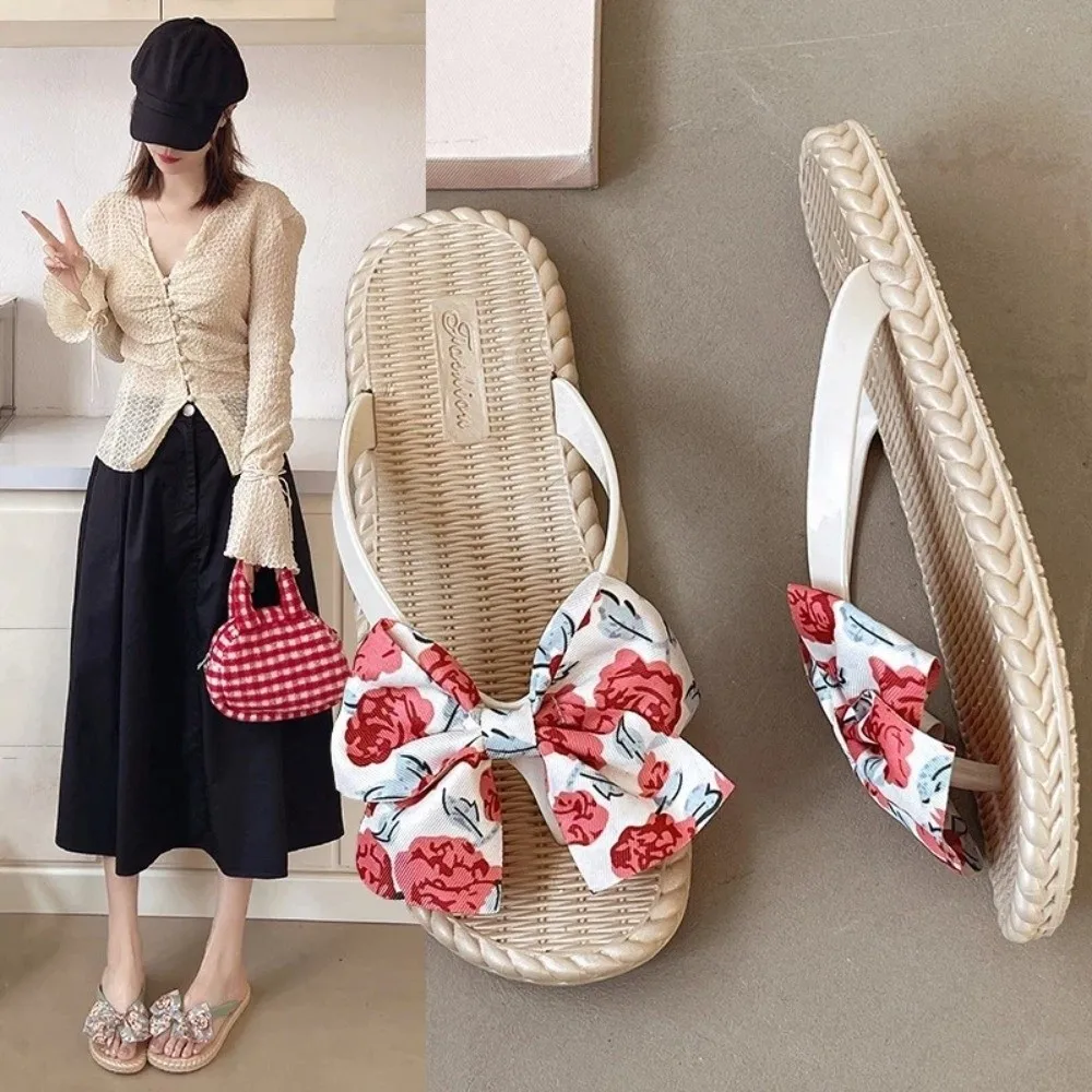 

PVC Bow Rose Flower Slippers Non Slip Flowers Pattern Flip Flop Sandals Indoor Outdoor Korean Ins Girl Bowknot Slippers Beach
