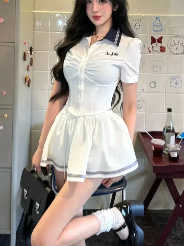 

Japanese Kawaii 2 Piece Skirt Set Women Elegant Shirt Blouse + Y2k Mini Skirt Korean Fashion Clothing 2000s Vintage Summer Chic