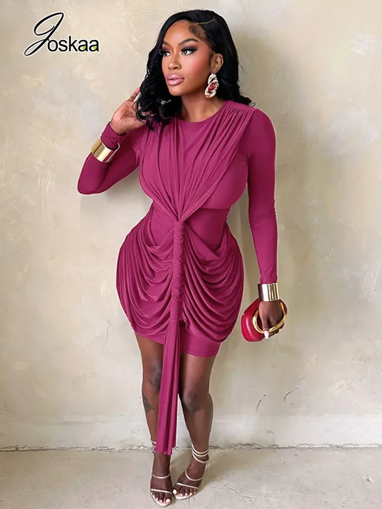 Joskaa-minivestido ceñido fruncido elegante para mujer, vestido Hipster Sexy con cuello redondo y manga larga, vestidos ceñidos para cumpleaños, ropa de calle para fiesta y Club