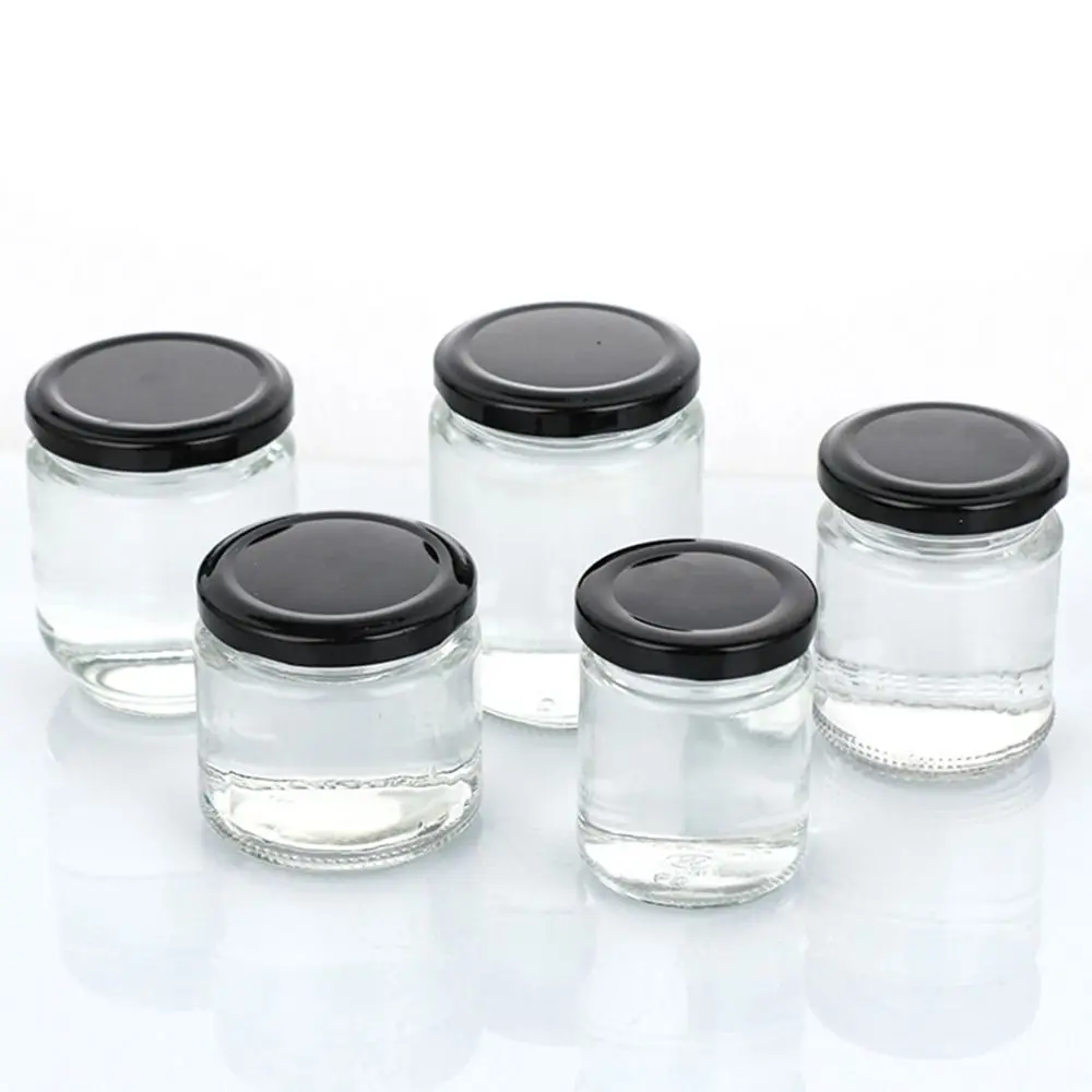 Frasco de vidro com tampas herméticas pretas, Mason Jar, redondo, armazenamento de alimentos, recipientes de conservas, cozinha, 100ml, 150ml,