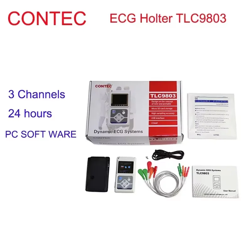 Monitor Holter Dinâmico CONTEC TLC9803 de 24 Horas, Analisador de Marcapasso Portátil, Sistema de 3 Derivações com Software para PC