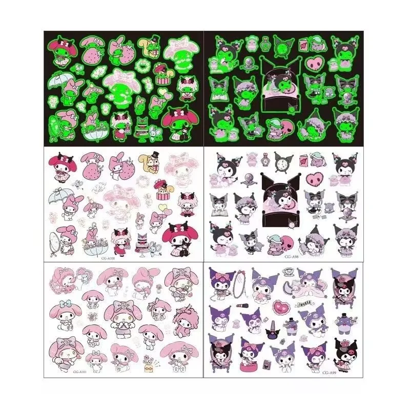 Sanrio Cute Glowing Tattoo Stickers Water Transfer Glow in the Dark Cartoon Design Water-Resistant for Dim Light